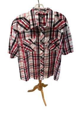 Gioberti Mens Pearl Snap Shirt Size XL Red Black White Plaid Short Sleeve XL